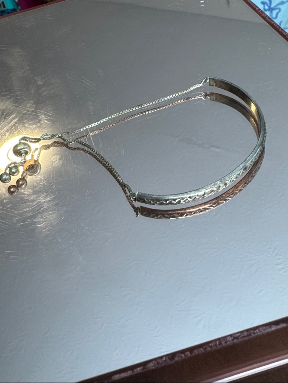 Silver-Tone Adjustable Bangle Bracelet with Sliding Chain